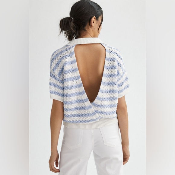 Anthropologie Maeve Striped Open Back Knit Sweater Blue White Top M Preppy Style - Picture 6 of 15
